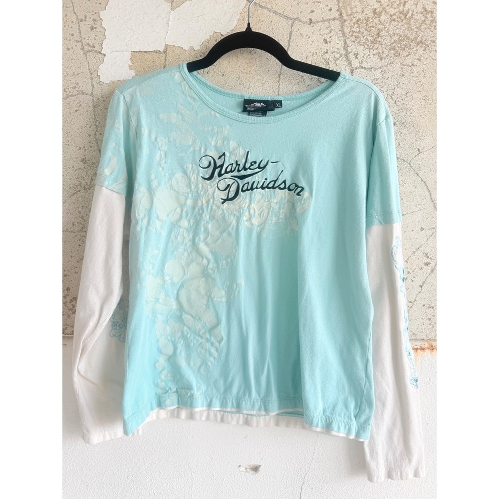 Vintage Harley Davidson Shirt Long Sleeve Womens XL Biker Tee Embroidered Y2K